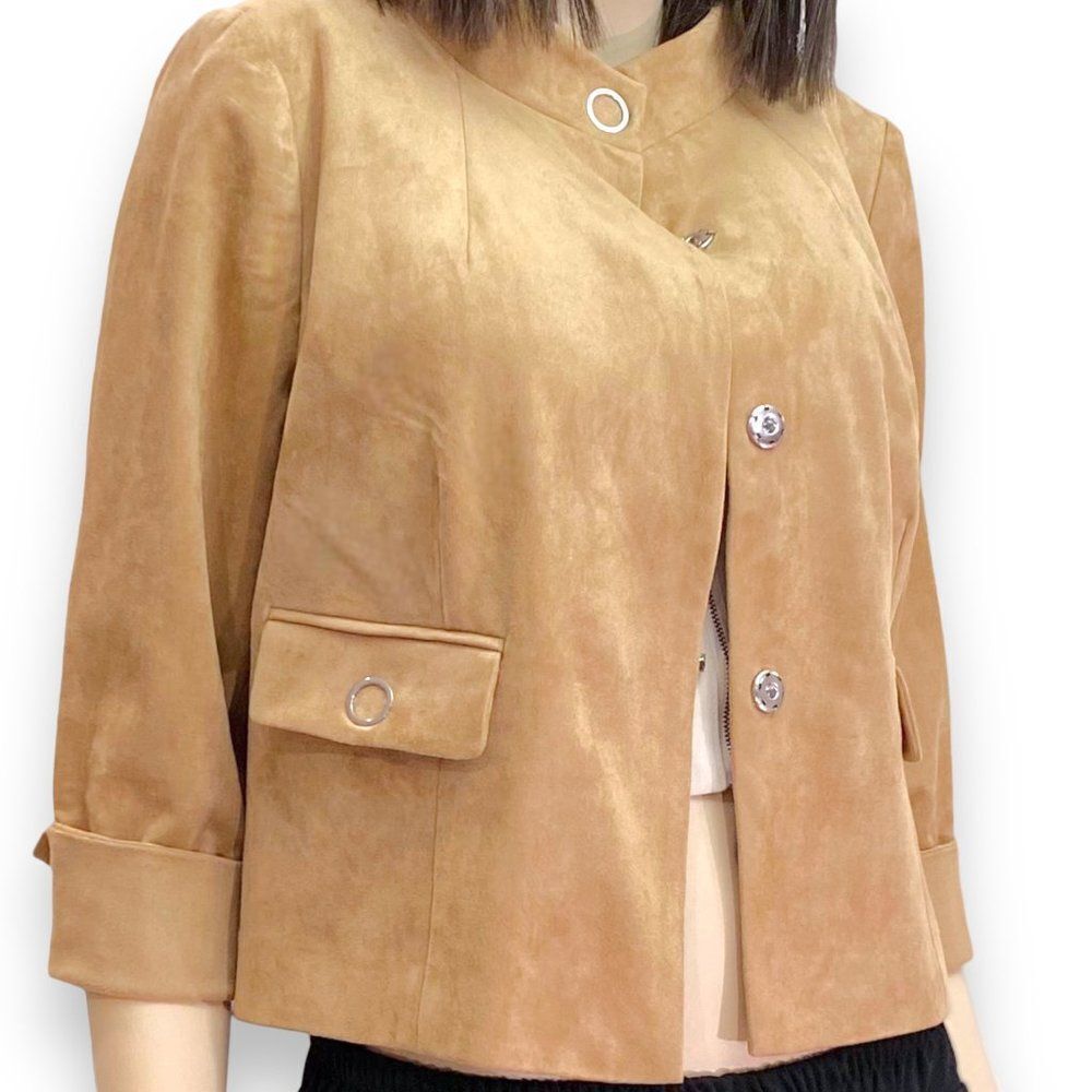 Modern Suede Button Welt Front Pockets Cropped Jacket NEW